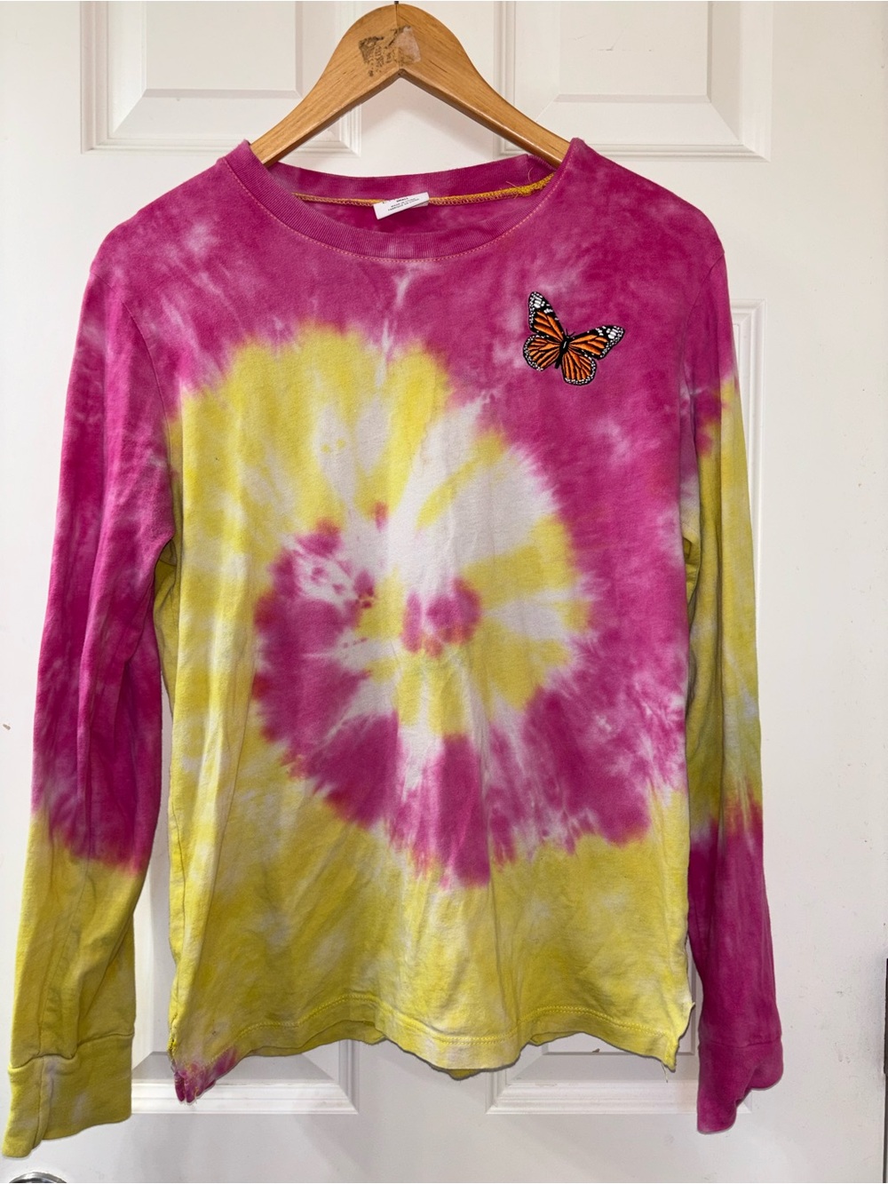 Tie-Dye Butterfly Long Sleeve Teen Top - Pink & Yellow